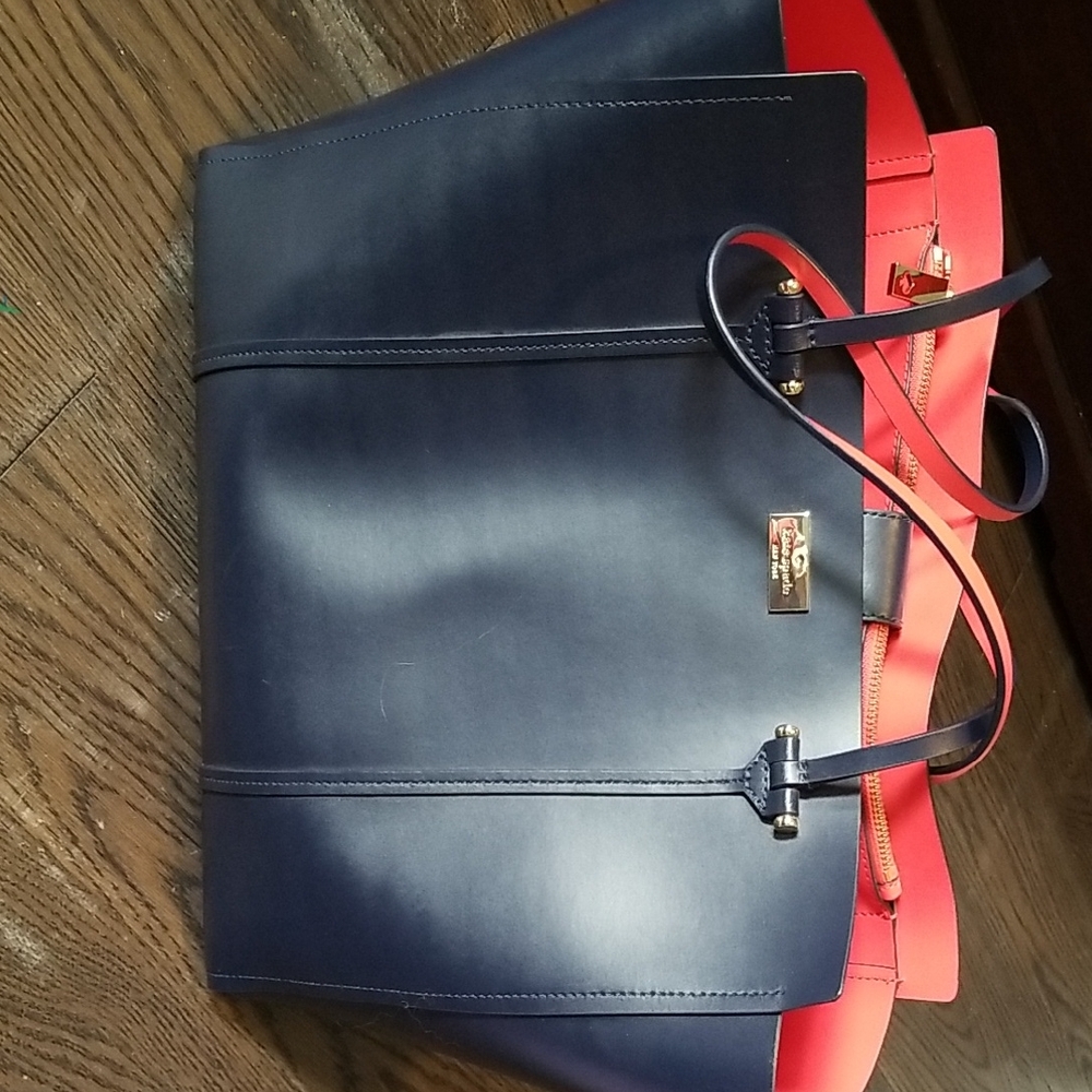 Kate Spade Navy and Coral Colorblock Tote Bag with Gold Hardware
